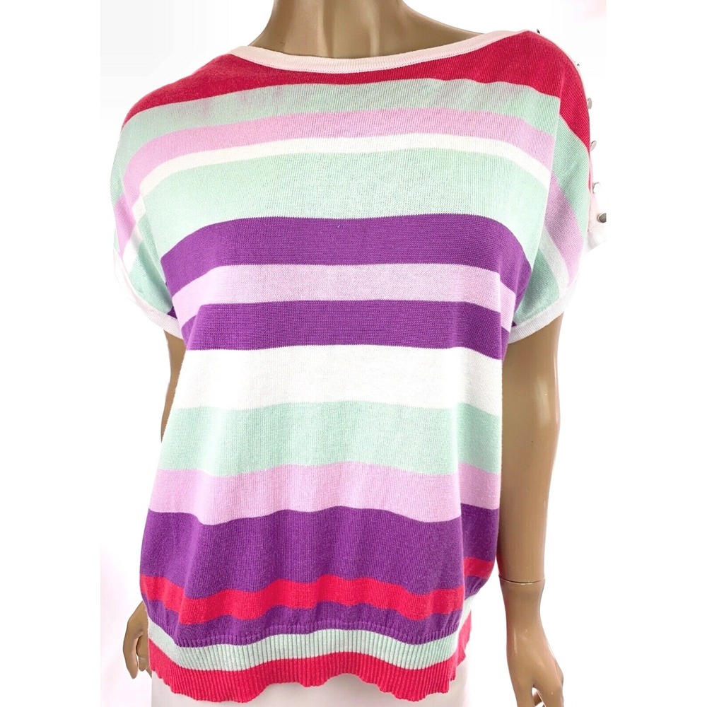 Joseph A. Multi-Color Stripe Knit Top Sz PXL Short Sleeve Purple Red Green White